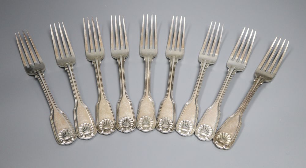 A set of nine Victorian silver double struck, fiddle, thread and shell pattern tableforks, Elizabeth Eaton, London, 1846,